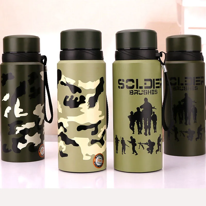 Frascos de vacío de camuflaje creativos, botella grande de acero inoxidable, Taza Termo para deportes al aire libre, 600ml/750ml