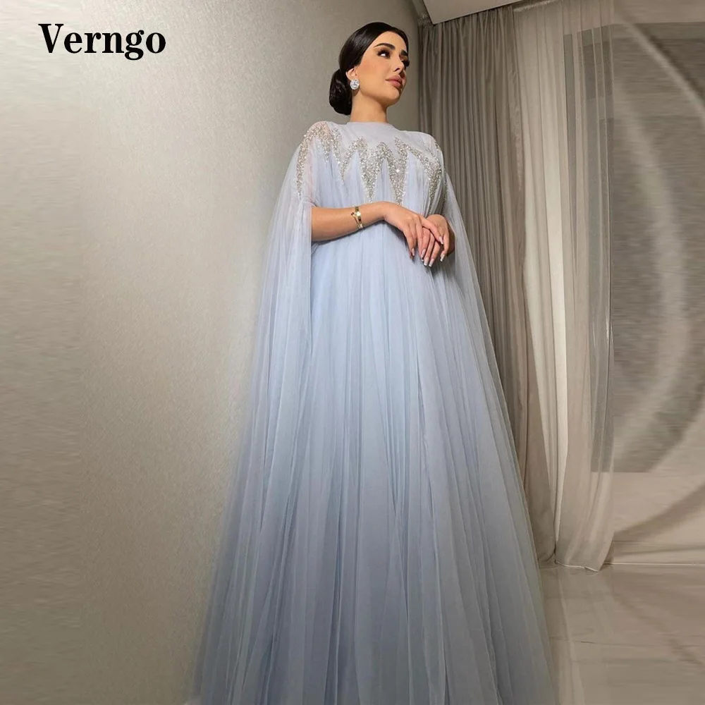 Verngo Modest Light Blue Tulle Evening Dresses Long Cape Shiny Beads Crystal O-Neck Dubai Saudi Arabric Women Formal Prom Gowns