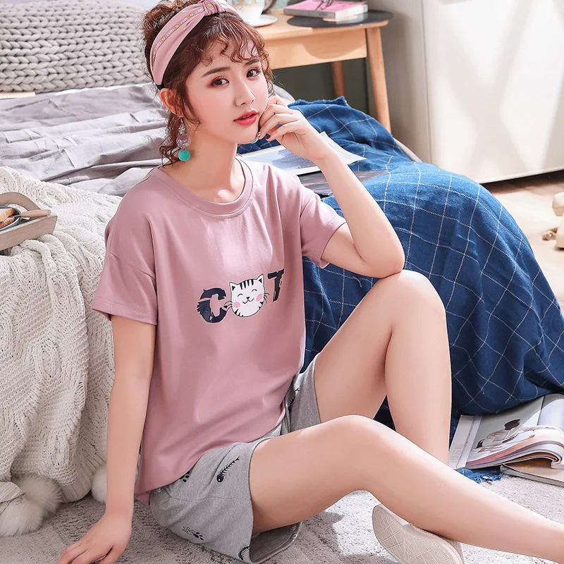 100% Katoenen Pyjama Set Vrouwen Korte Mouwen Vrouwen Gedrukt Pyjama Set Meisjes Casual Shorts T-shirt Nachtkleding Nachtkleding Set Femme