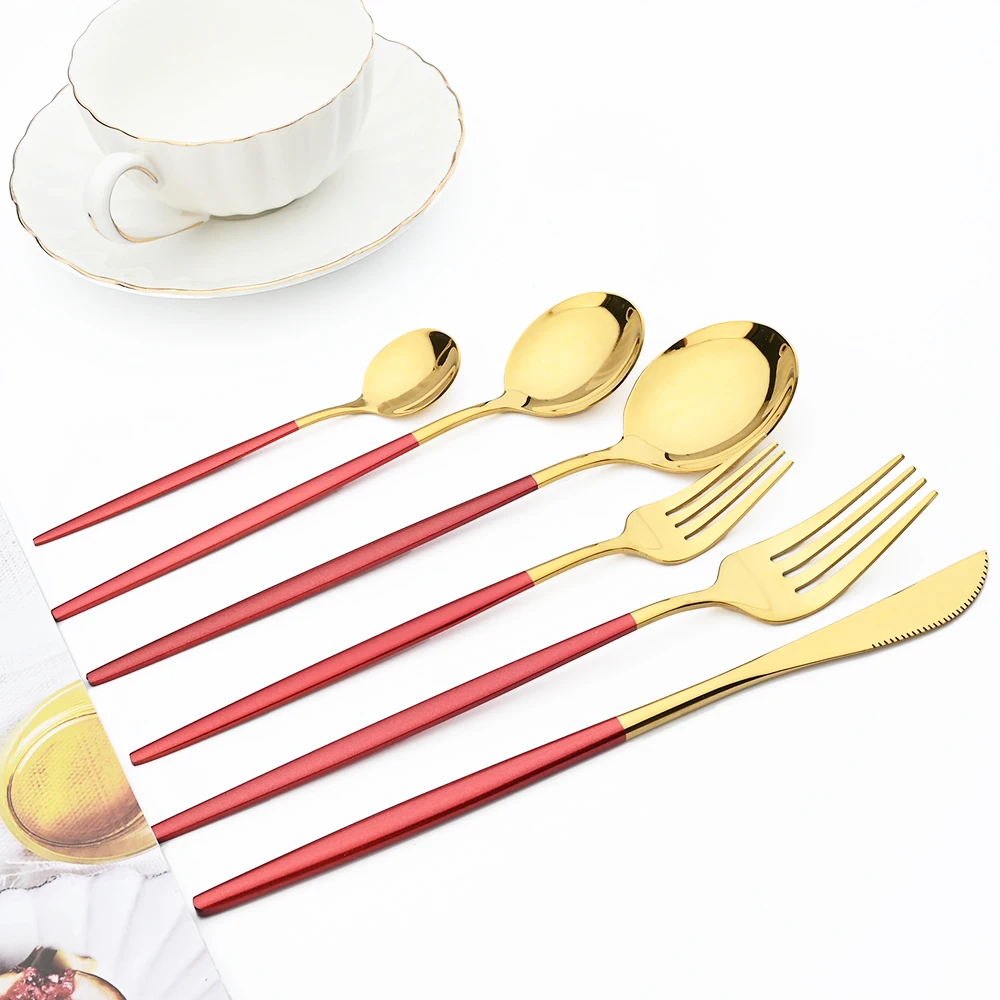 Mirror Red Gold Stainless Steel Cutlery Set Flatware Set Knife Coffee Teaspoons Forks Dinnerware Silverware Kitchen Tableware