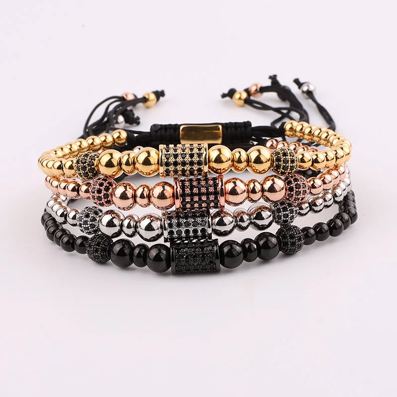 

Новый дизайн, мужские ювелирные изделия, позолоченный браслет из нержавеющей стали с бусинами и фианитами, подвеска, макраме, регулируемый ...