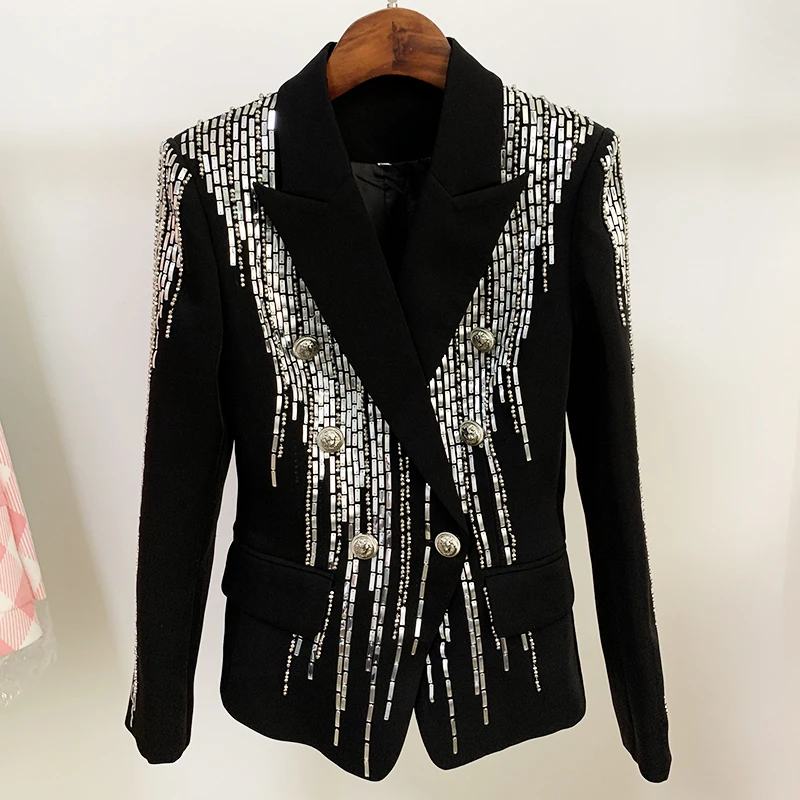 HIGH QUALITY 2024 New Fashion Designer Blazer Women\'s Slim Fitting Double Breasted Luxurious Stunning Metallic Beaded Jacket