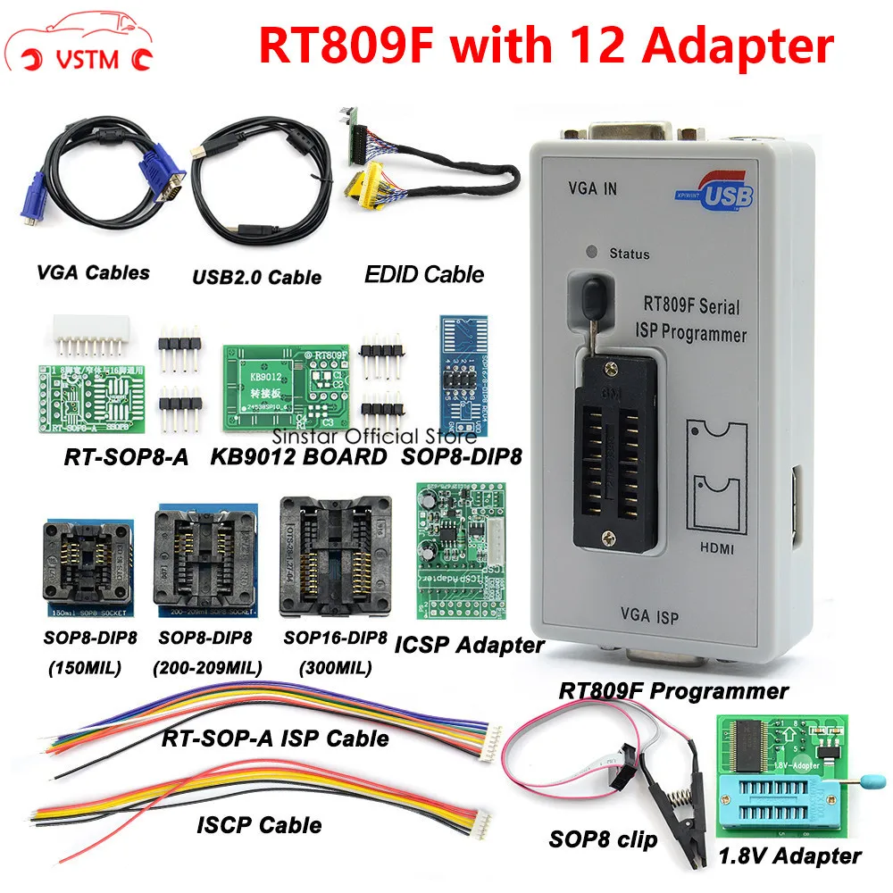 

Original RT809F programmer +12 Adapters+sop8 IC clip+CD+1.8V / SOP8 Adapter VGA LCD ISP programmer adapter universal programmer