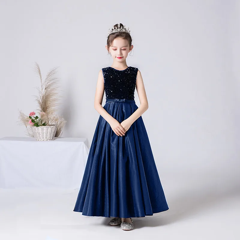 Robe longue en satin à paillettes pour filles, robe de princesse, robe de soirée, robe longue, robe de soirée d'anniversaire, noir, bleu marine