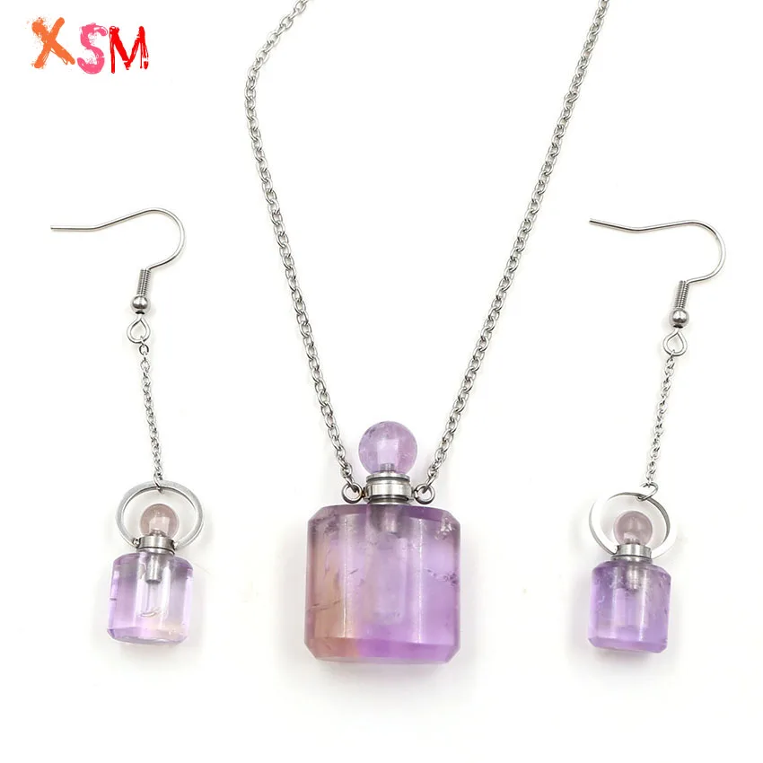 

XSM Natural Amethysts Perfume Bottles Charms Jewelry Sets Essential Oil Diffuser Quartzs Drop Earrings Pendant Female Necklace