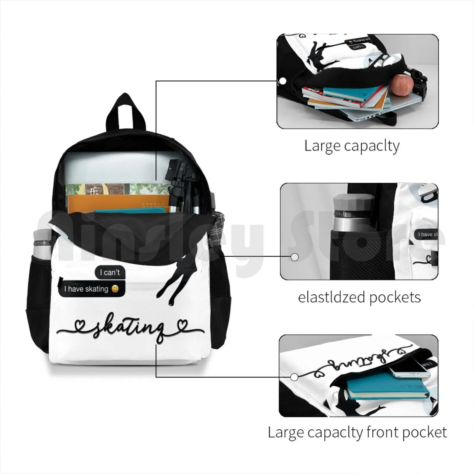 Mochila impermeable de patinaje artístico para patinador de hielo, paquete de pegatinas de acuarela negra para senderismo al aire libre, Camping, viajes, negro, gris, blanco