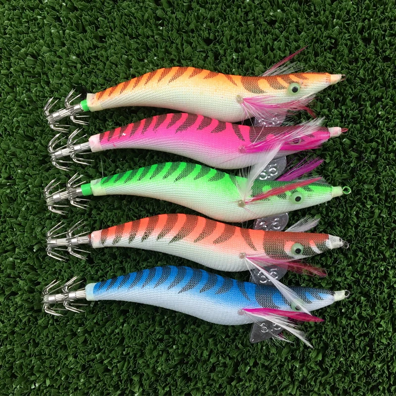 1PCS 2.5# 3.0# 3.5# Fishing Wood Shrimp Luminous Squid Octopus Lure with 3D Eyes Fishing Lure Hard Bait Wobbler Squid Jig Lure