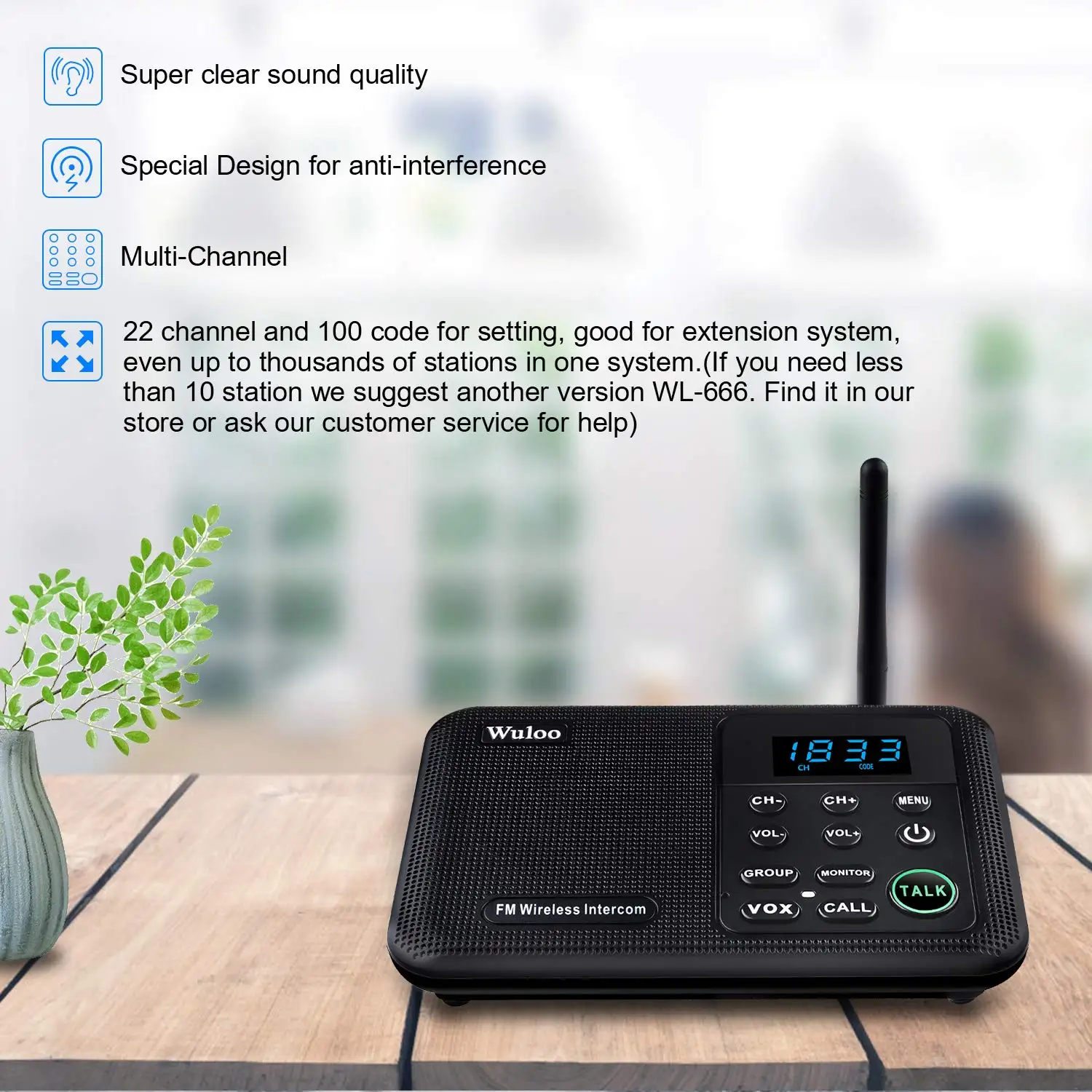 Wuloo 22-Channel FM Wireless Intercoms Home House Business Offices Room to Room Calling & Talking System 1 Mile Long Range