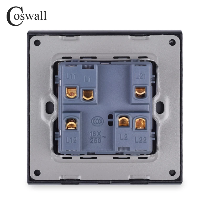 Coswall 2 Gang 2 Way Luxury Light Switch On / Off Wall Switch Pass Through Interruptor Stainless Steel Panel AC 110~250V