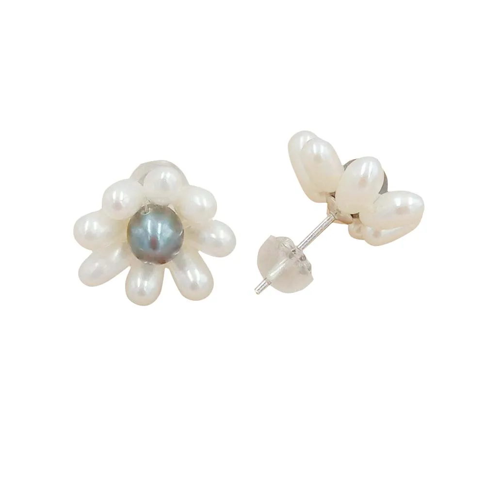 925 sterling silver stud pearl EARRING,100% nature freshwater pearl ,HANDMADE flower  mini pearls,high luster quality,15 mm