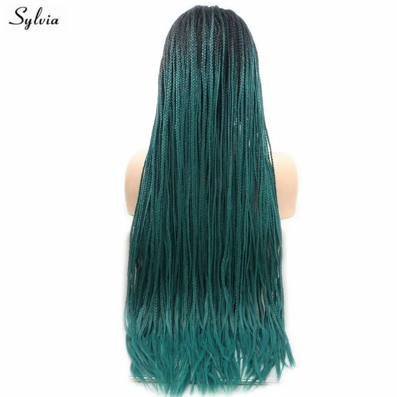 Sylvia Synthetic Lace Front Wigs Long Braided Box Braids Wigs Black Ombre Green Heat Resistant Fiber Cosplay for Women Natural