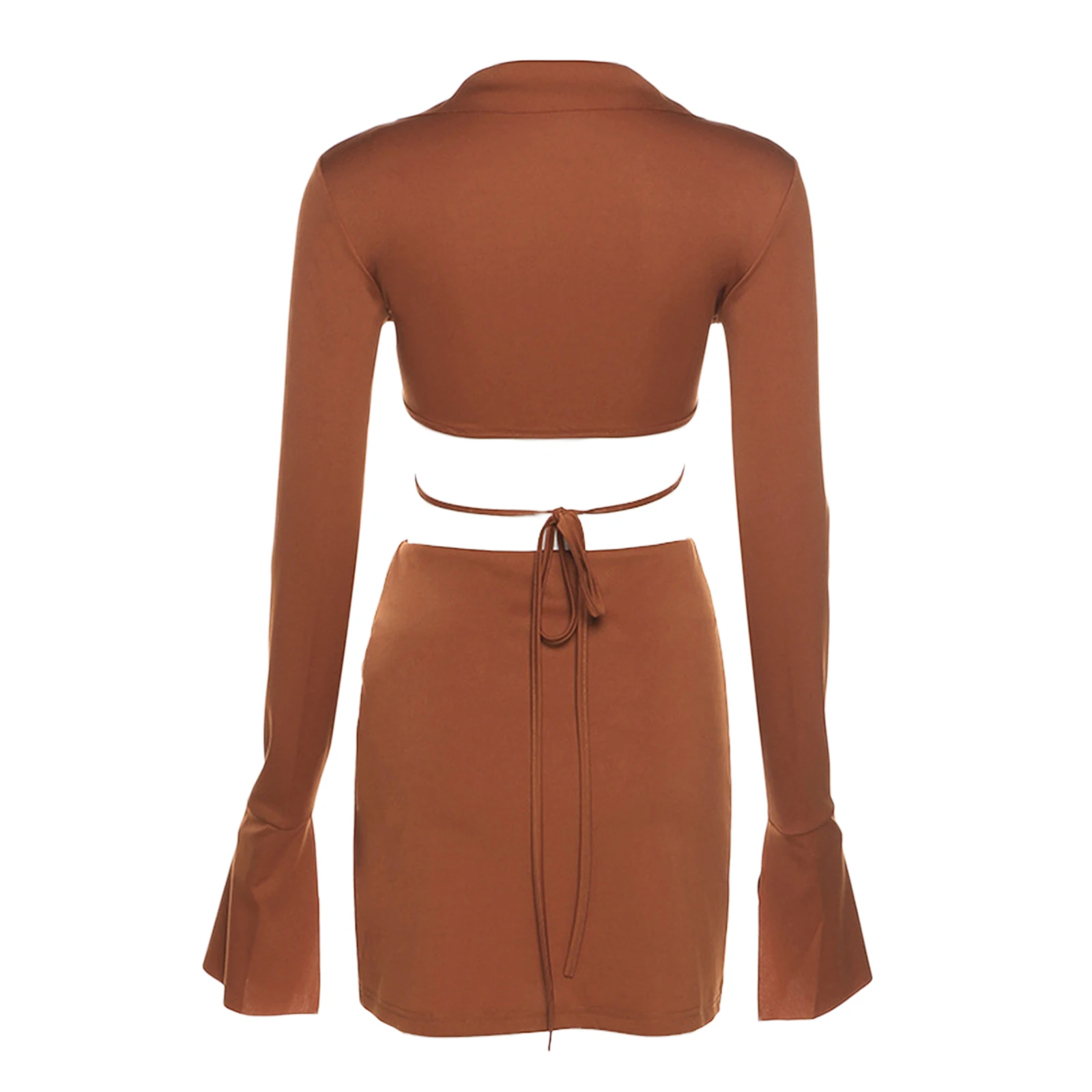 Women’s Two Piece Outfits, Solid Color Long Sleeve Lapel Crop Tops and Mini Skirt Set