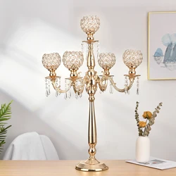 Gold Crystal Candle Holders for Wedding Party Home Decoration Centerpieces, Halloween Christmas Room Decor 5 Arms Candlestick