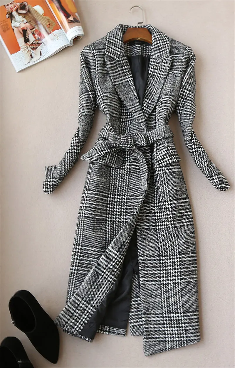 Imagem -02 - Conjunto Longo de lã e Saia para Mulheres Terno Xadrez Trincheira de Tweed Temperamento Roupa Feminina Outono Inverno Novo F1834 Pcs