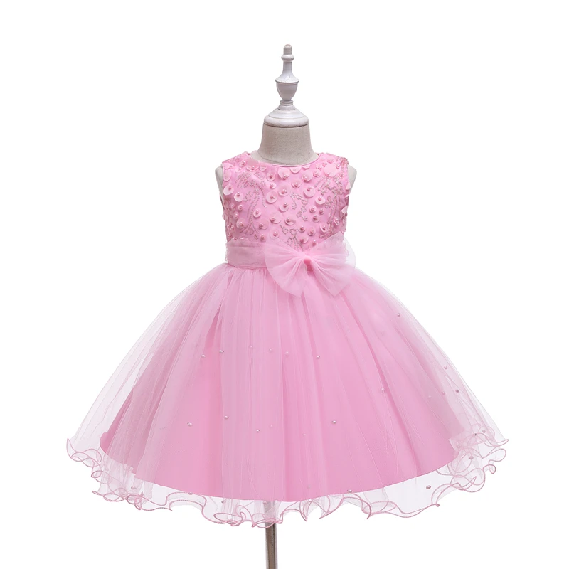 European Style Bead Night Dress for Kids Bow Knee Length Birthday Dress for Girls Multi-Layer Mesh for 10 Years Girl Dresses