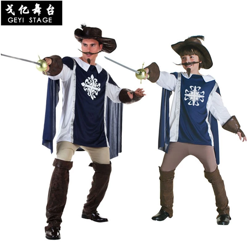 Kids Adult Blue Three Musketeer Costume Greek Roman Warrior Knight Costumes for boys Halloween Carnival Mardi Gras Fancy Dress