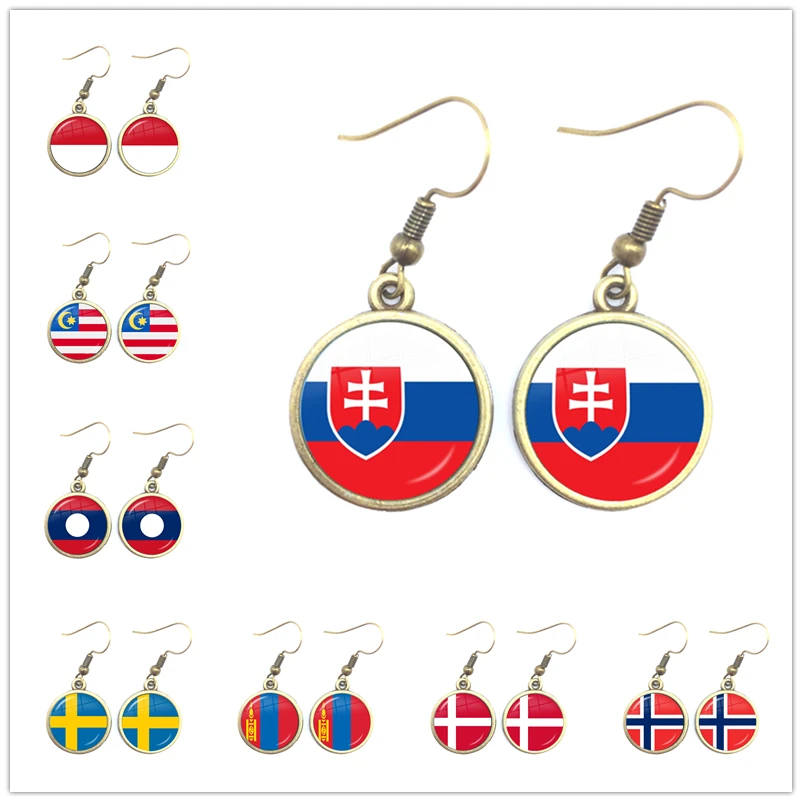 

Malaysia, Laos, Denmark, Norway, Sweden, Slovakia National Flag 16mm Glass Cabochon Drop Earring Jewelry for Women Girls Gift