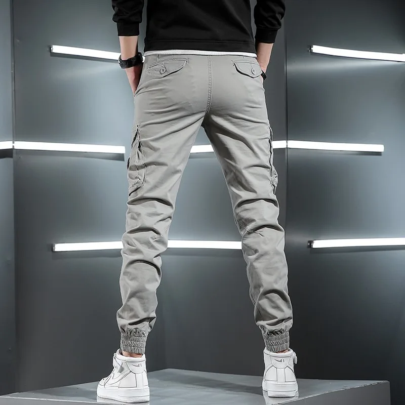 Men Tactical Cargo Pants Streetwear Multi Pocket Hip Hop Joggers Light Gray Cotton Slim Fit Trousers