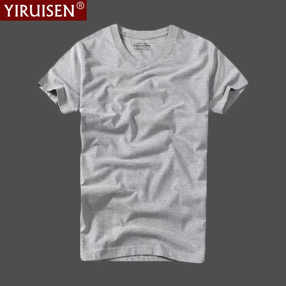 Solid Color V-Neck YiRuiSen 100% Cotton Men's T-Shirt Comfortable Male Top Quality Short Sleeve Vintage Breathable Soft Tshirts