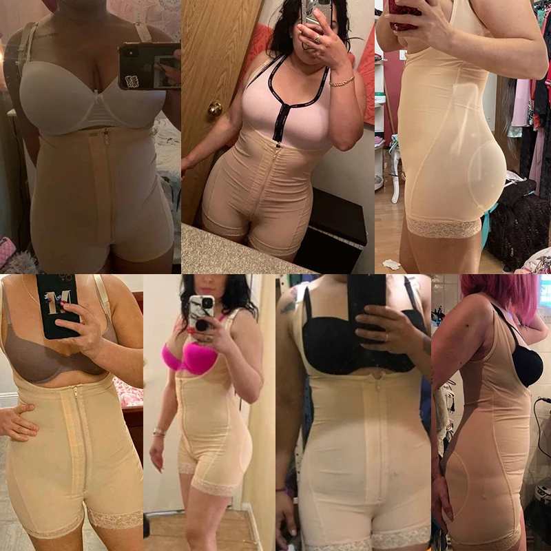 Women Full Body Shaper Fajas Reductoras Lace Trim Zipper Front Shapewear Plus Size Slimming Sheath Tummy Control Corset Bodysuit