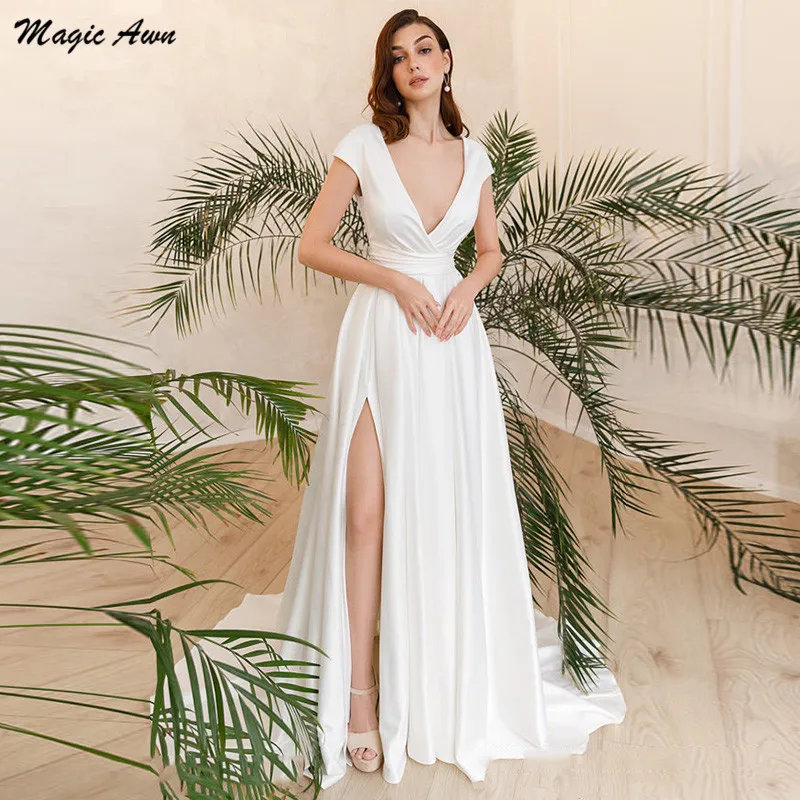 Magic awn-vestido de cetim, traje feminino, simples, com decote em v, fenda lateral, boho, casamento, linha a, país, barato