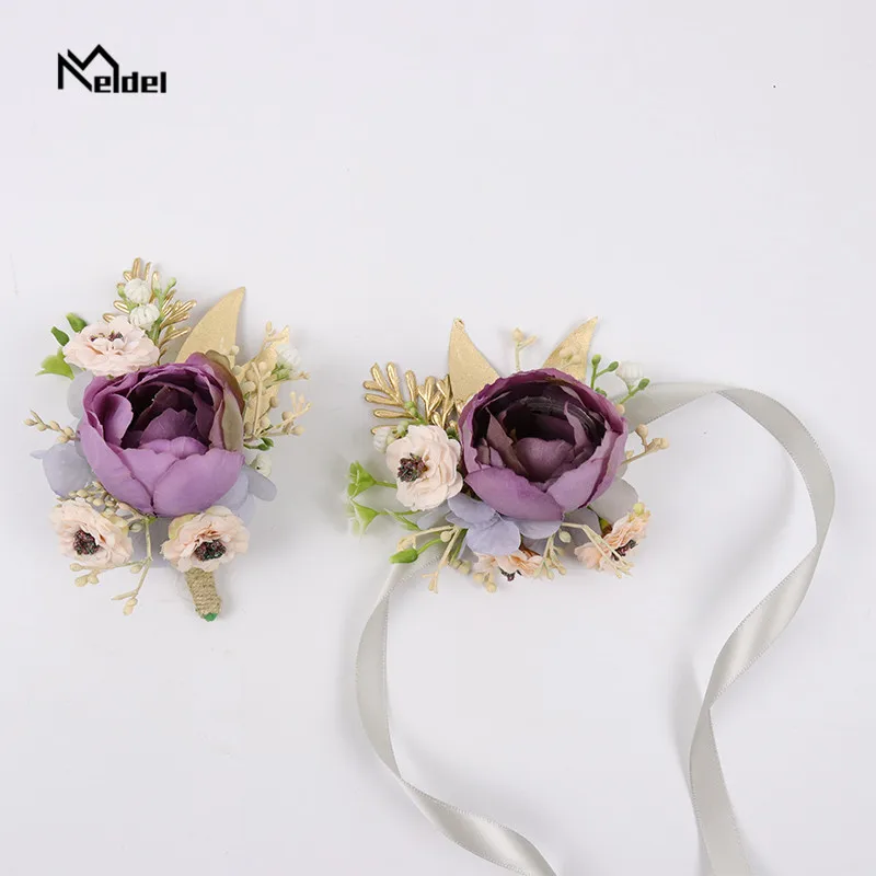 แต่งงาน Boutonniere และนาฬิกาข้อมือดอกไม้สำหรับเจ้าสาวเจ้าบ่าว Boutonniere สำหรับ Mariage พรหมสีม่วง Rose นาฬิกาข้อมือสตรีมือดอกไม้