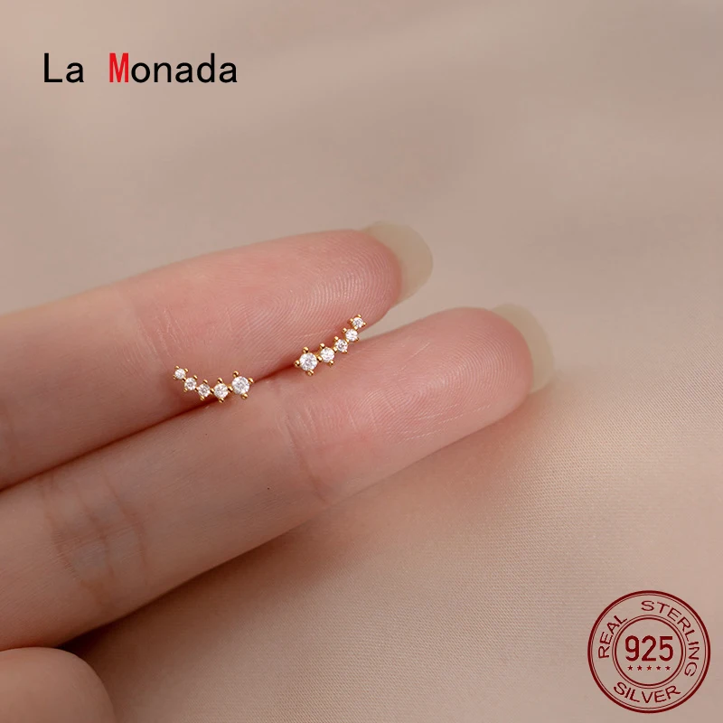La Monada Stud Earrings 925 Sterling Silver 925 Small Row Shine Cute Silver Earrings For Women Silver Pierced Girls Inlay
