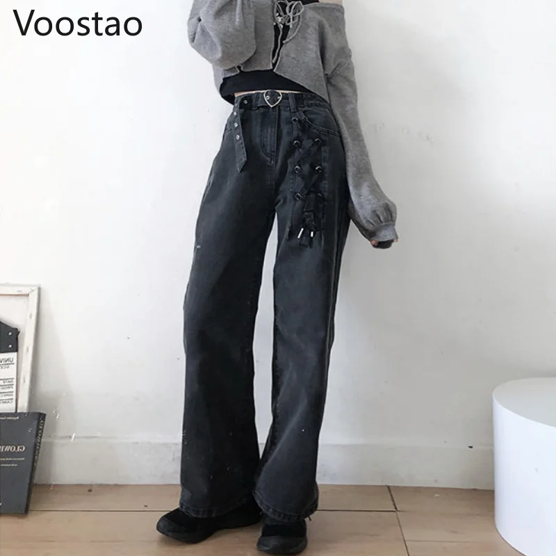 Sweet High Waist Jeans Women Chic Bandage Straight Denim Pants Gothic Streetwear Loose Trousers Female Wide Leg Jeans With Belt