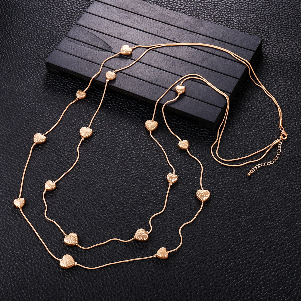 

Long Sweater Chain Necklace For Women 2 Layered Gold Silvery hearts round stars Metal Beads Necklace Fashion Jewelry Gift 2020