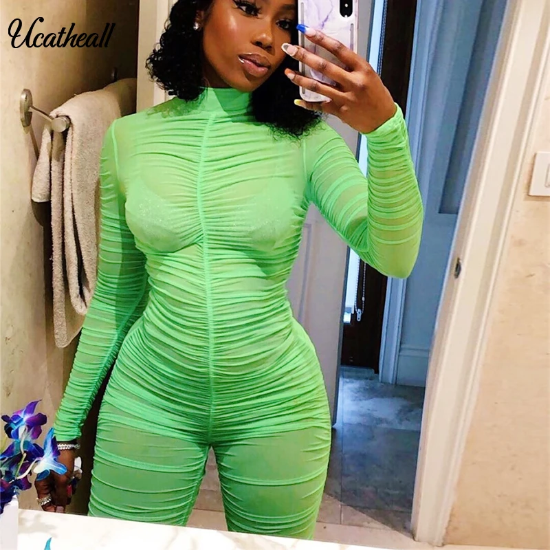 

Women Sheer Mesh Bodysuit Ruched Body Tops Transparent Long Sleeve Back ZipperJumpsuit Romper Ladies Playsuit Club Overalls