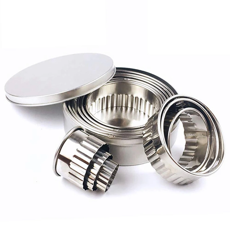 Stainless Steel Fluted Edge Round Cookie Biscuit Cutter Set 12 Pieces Graduated Ring Sizes Retail