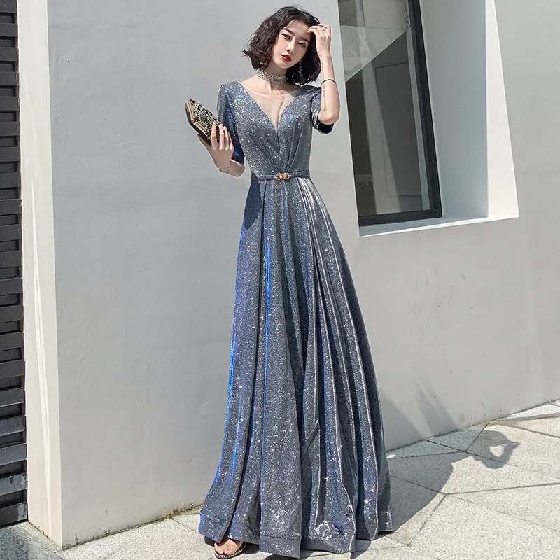 

Blue Sequins Starry Evening Dress Female Elegant Long Slim Host Annual Meeting Banquet Costumes Birthday Party Prom Dress A175