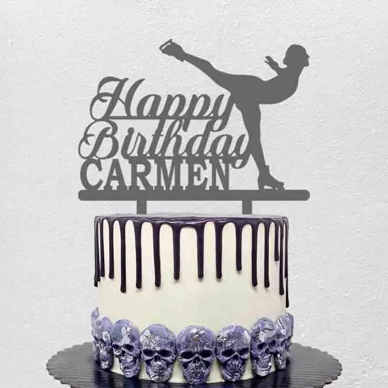 Custom Name Happy Birthday+Name Girl Figure Skating Silhouette Cake Topper For Winter Birthday Party Cake Decoration YC087