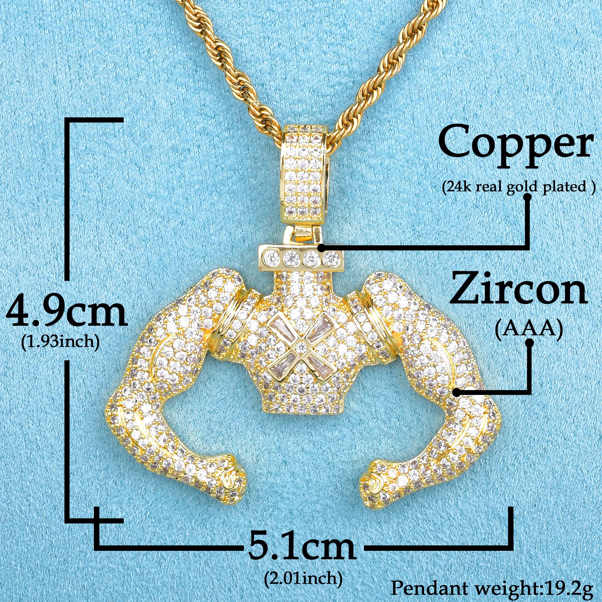 Big Block Flexing Pendant Gold Color Tennis Chain Necklace Bling Cubic Zircon Men's Hip Hop Rock Jewelry