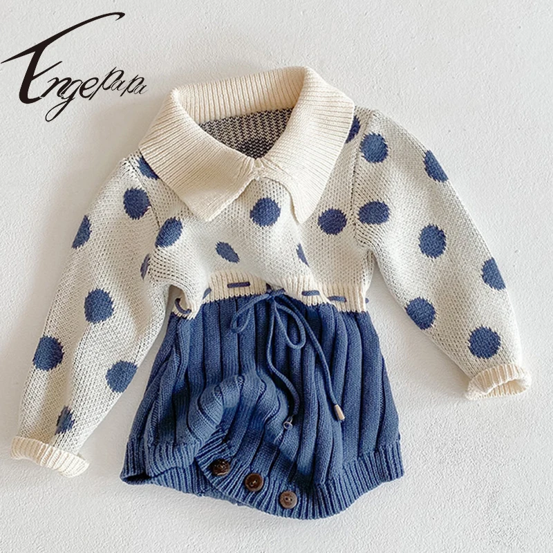 

Engepapa Newborn Baby Jumpsuit Knitting Long Sleeve Dot Splicing Bodysuits Spring Autumn Toddler Baby Girl Knitting Clothes