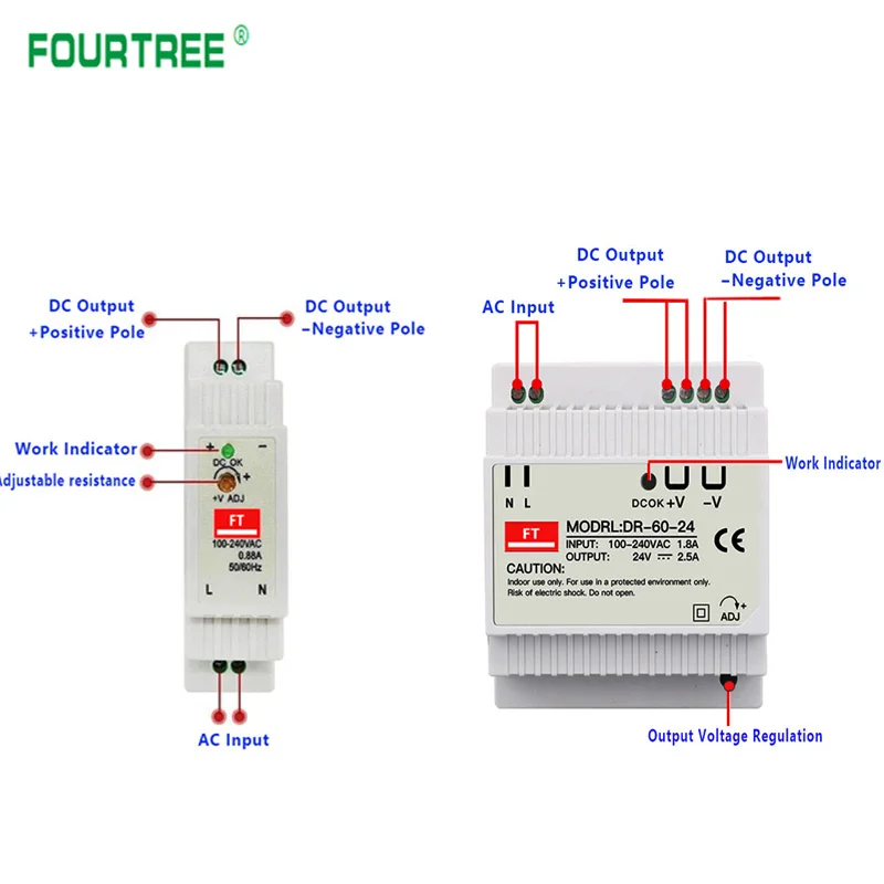 DR-15W 30W 45W 60W DIN Rail Switching Power Supply Single Output 5V 12V 24V AC DC Converter Power Switch Input 110/240VAC