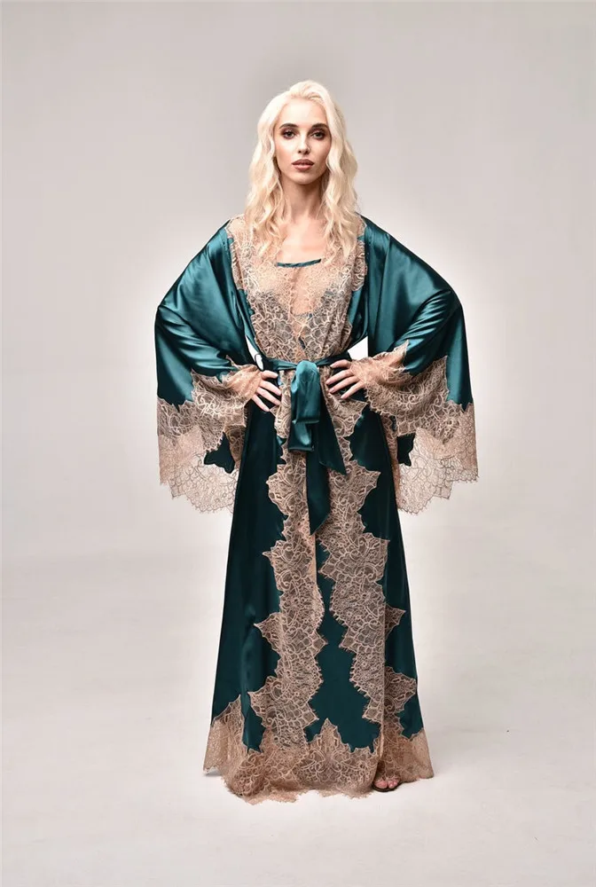 Lace & Satin Women Sleepwear Two Piece Floor Length Bathrobe Custom Made Long Sleeves Sleep Gowns