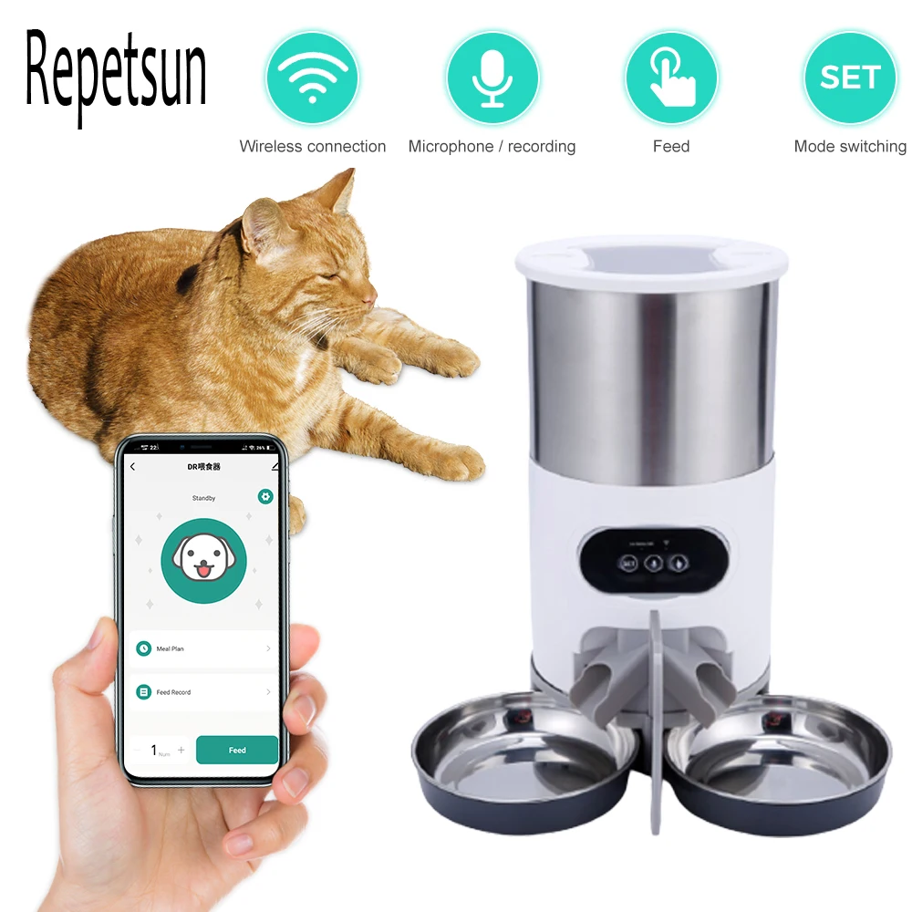 Pet Automatic Feeder Cat And Dog Food Dispenser Stainless Steel Bowl Medium-Sized Cat And Dog With APP Control Feeder Supplies