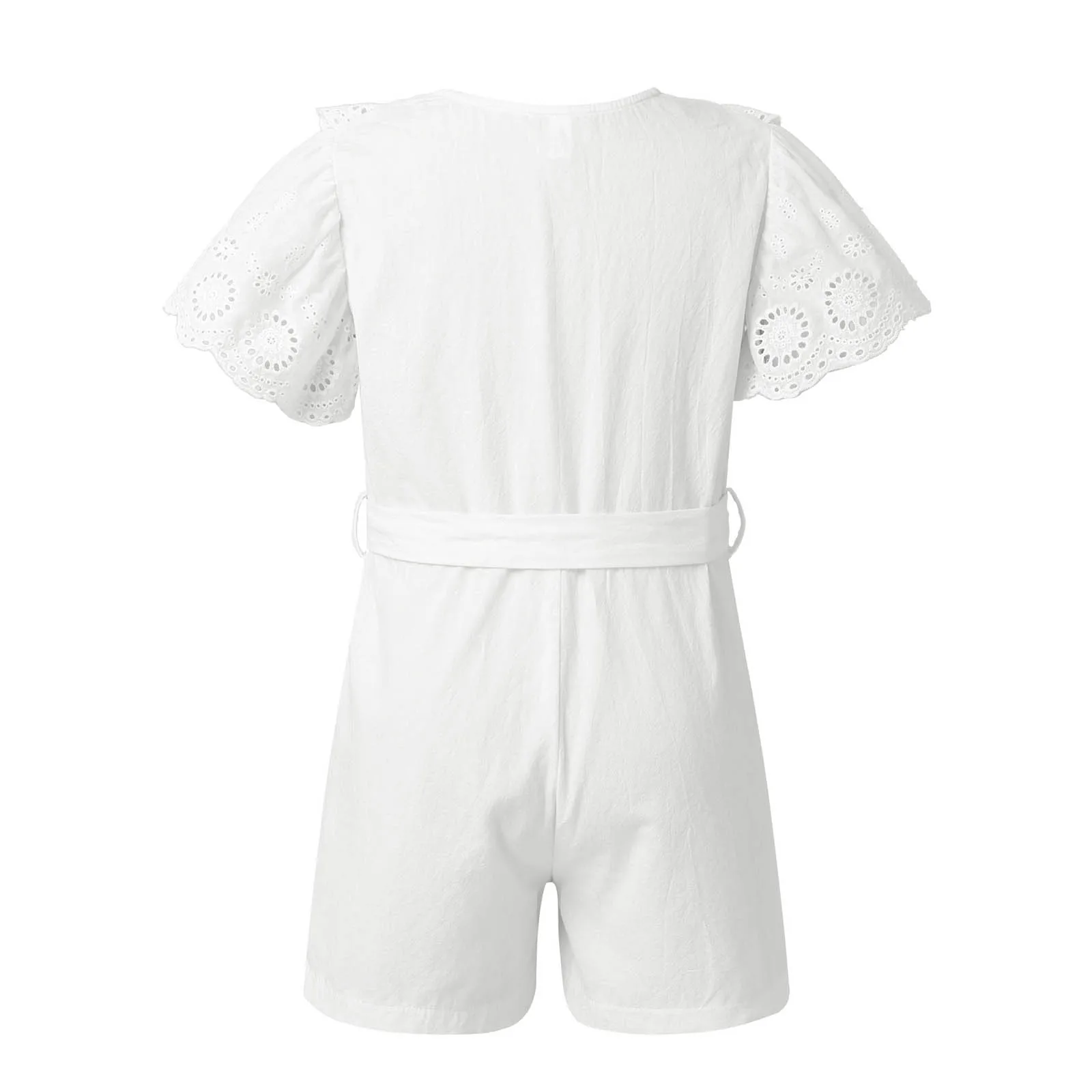 Summer Kids Girls Romper Short Jumpsuits Playsuit Pure Color Lace Flying Sleeve Sash Self Tie Jumpsuit Casual Girls Clothes