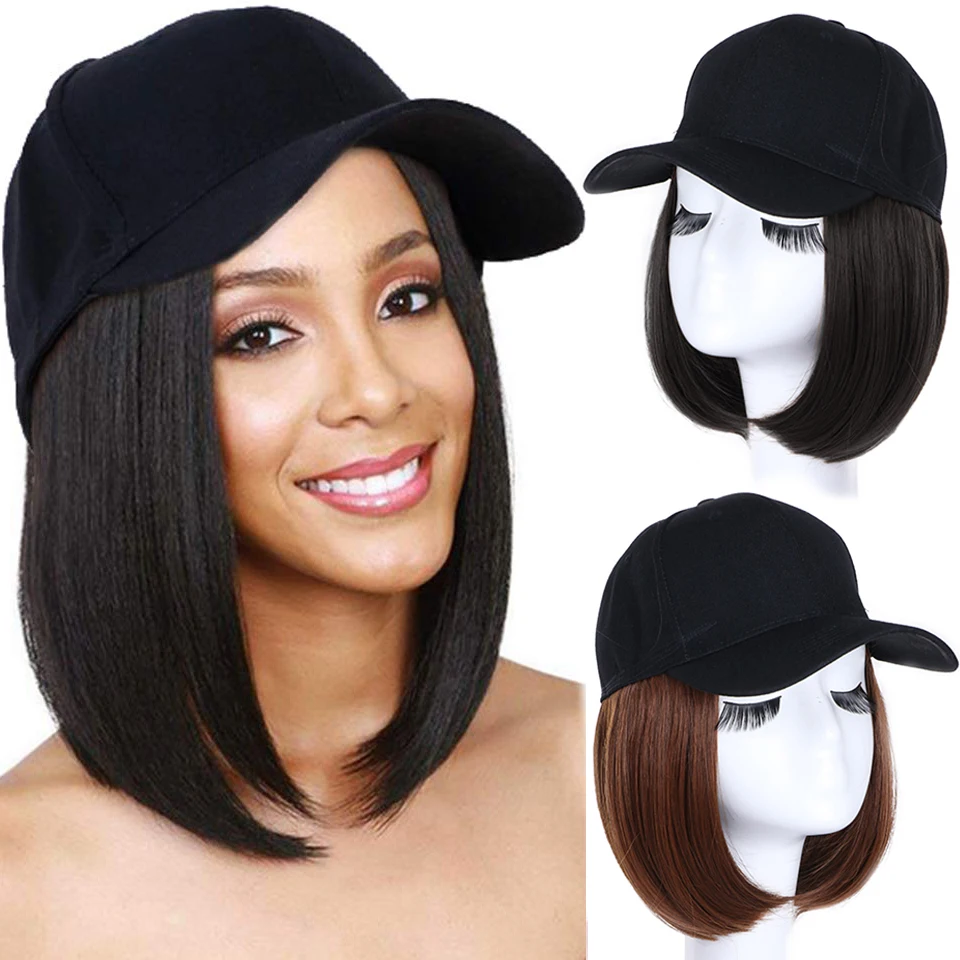 

SHANGKE Synthetic Baseball Cap Hair Wig Short Straight Wigs Black Brown Naturally Connect Adjustable Wigs For Women