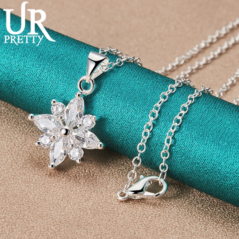 URPRETTY 925 Sterling Silver Snowflake Necklace 16/18/20/22/24/26/28/30 Inch Snake Chain For Woman Wedding Jewelry New Year Gift