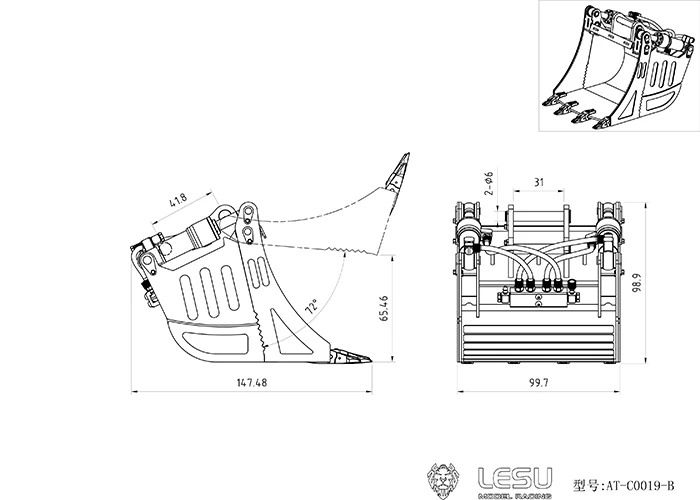 Metall-Eimer, der geöffnet und geschlossen werden kann, für LESU 1/14 RC Hydraulikbagger Ac360 Et30H Et26L Ferngesteuerte Spielzeuge – Detail 1