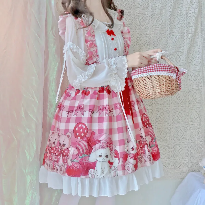 Giappone Kawaii rosa Lolita dolce fragola senza maniche JSK coniglio carino dolce Lolita JSK abito da principessa per ragazza vestito Cosplay