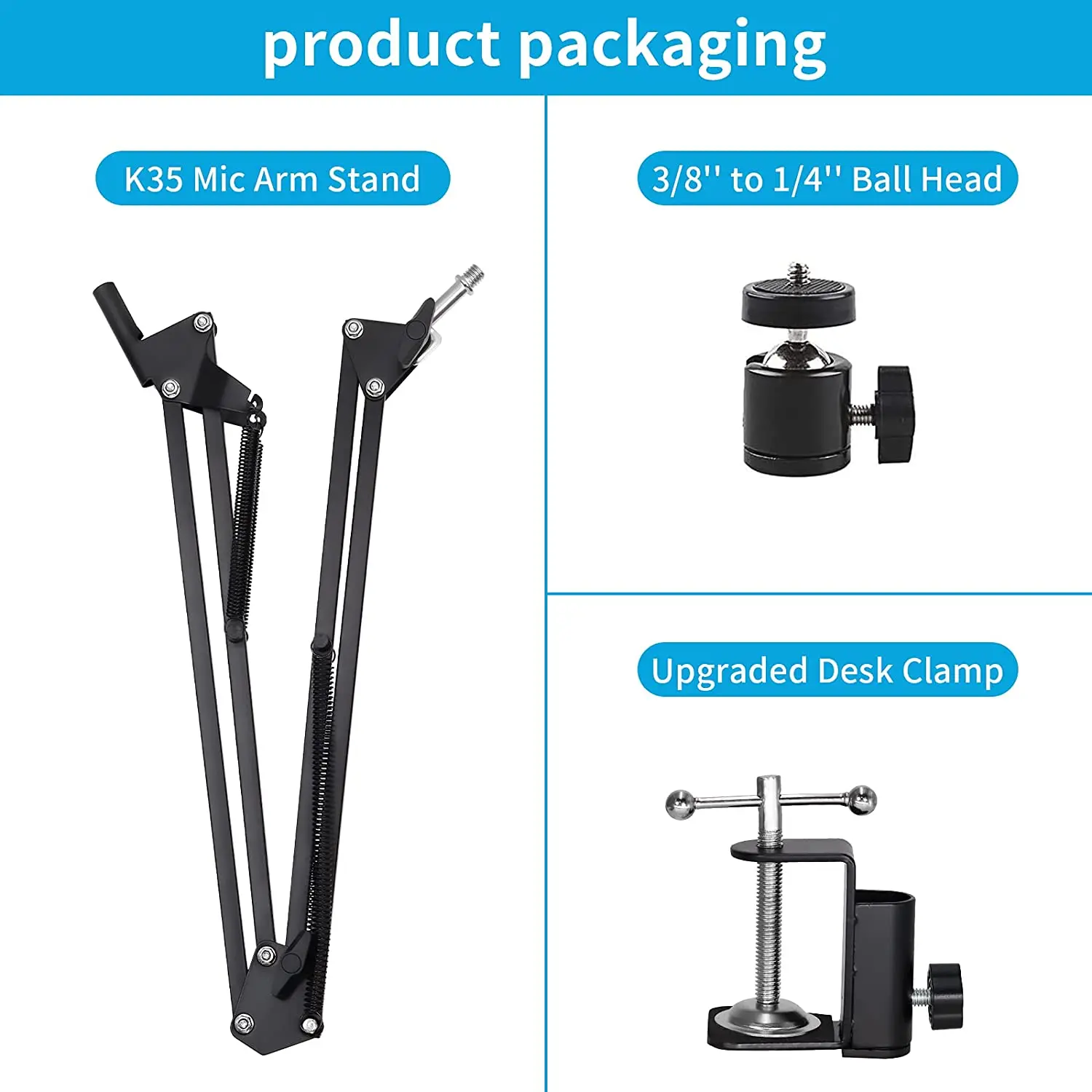 Desktop Mic Arm Stand Adjustable Tabletop Stands with 3/8'' Microphone Clip Stand for Webcam Light, Ring Light, Video Light