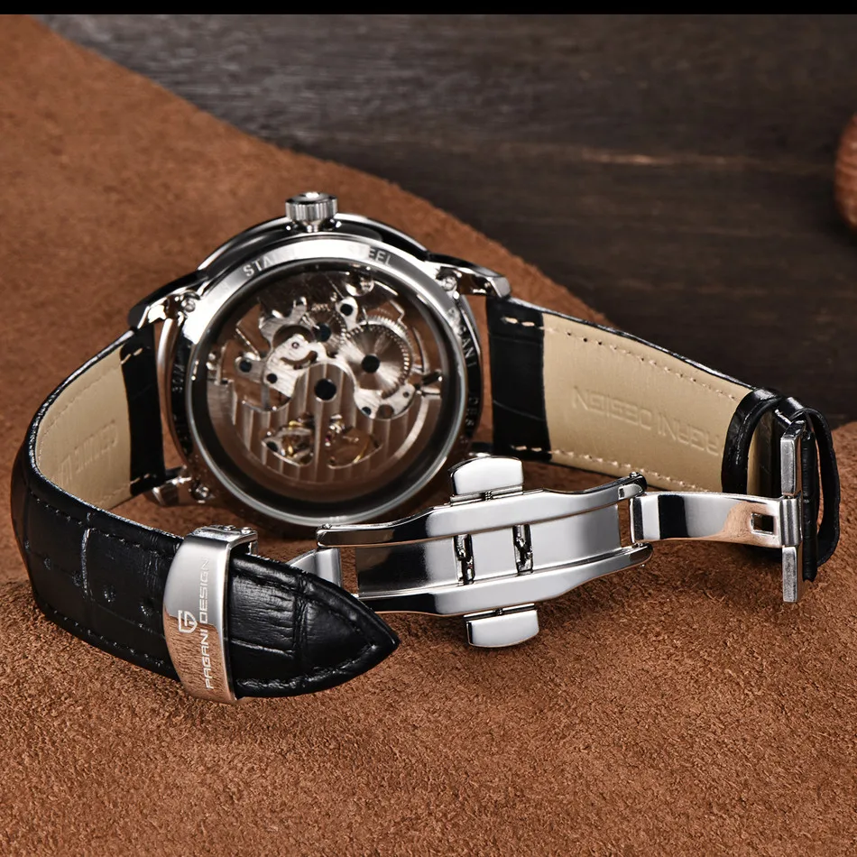 PAGANI DESIGN Brand Fashion Leather Gold Watch Men Automatic Mechanical Skeleton Waterproof Watches Relogio Masculino Box