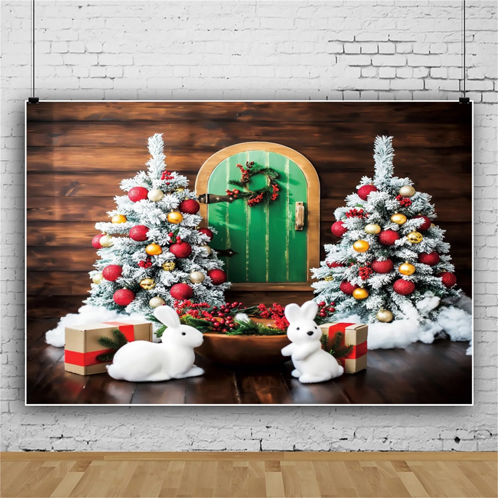 ต้นคริสต์มาสสีขาวกระต่ายไม้ประตูสีเขียวของขวัญเด็กวันเกิดภาพพื้นหลังถ่ายภาพฉากหลังสำหรับ Photo Studio