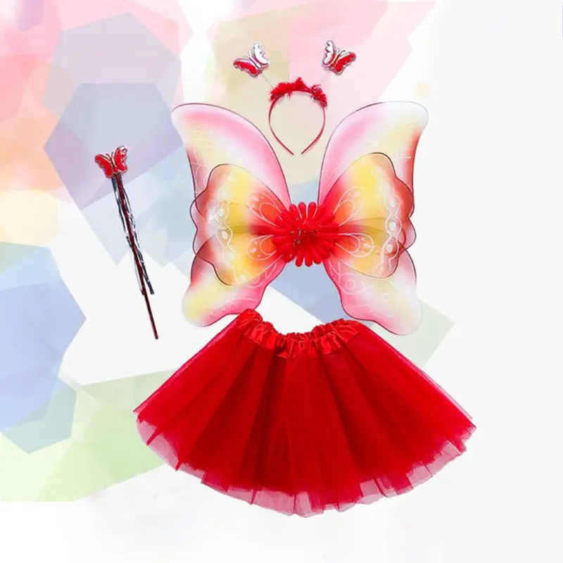 4Pcs Girls Fairy Costume Set Rainbow Butterfly Wings Three Layers Tulle Tutu Skirt Wand Headband Princess Halloween Party 3-8T image 3