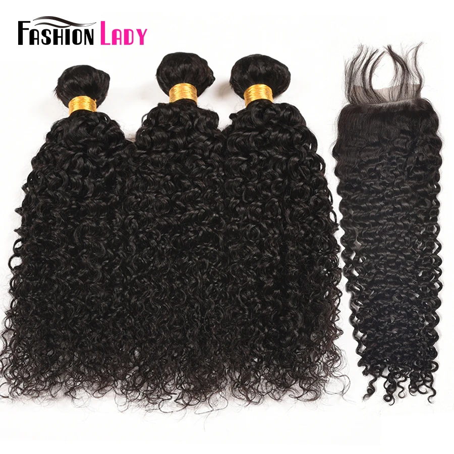 Fashion Lady Pre-colored Brazilian Hair Weave Bundles With Closure 1b# Human Hair Kinky Curly Bundles With Closure Non-remy