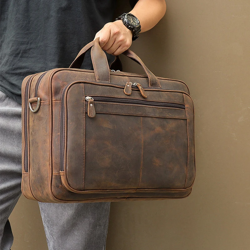 Top Qaulity Brand Briefcase Bag For Men Male Business Bag Vintage Designer Handbag Laptop Briefcase Crazy Horse Leather