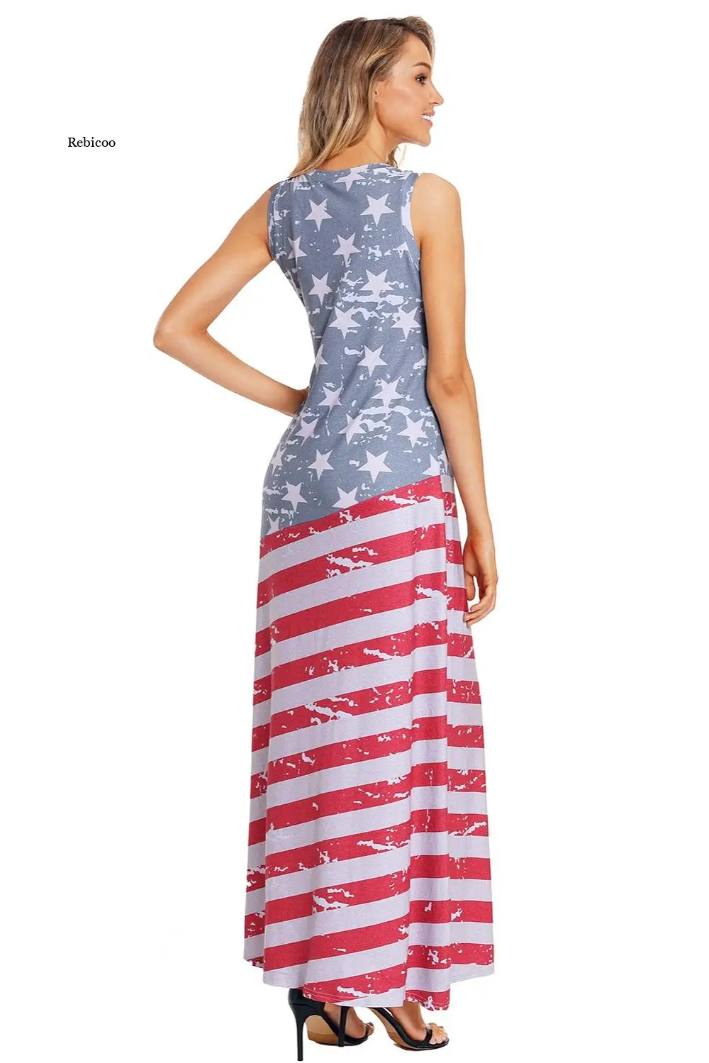 Sexy New Womens Sleeveless Slim Fitting American Flag Print Strips Summer Casual Beach Party Long Maxi Dress